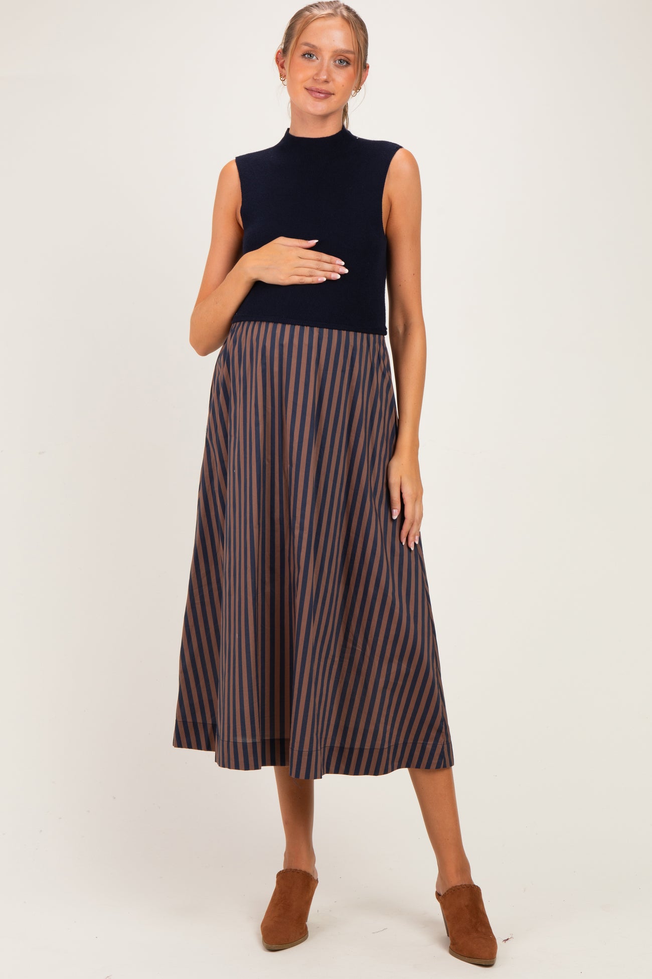 Navy Sleeveless Mock Neck Contrast Striped Skirt Maternity Midi Dress