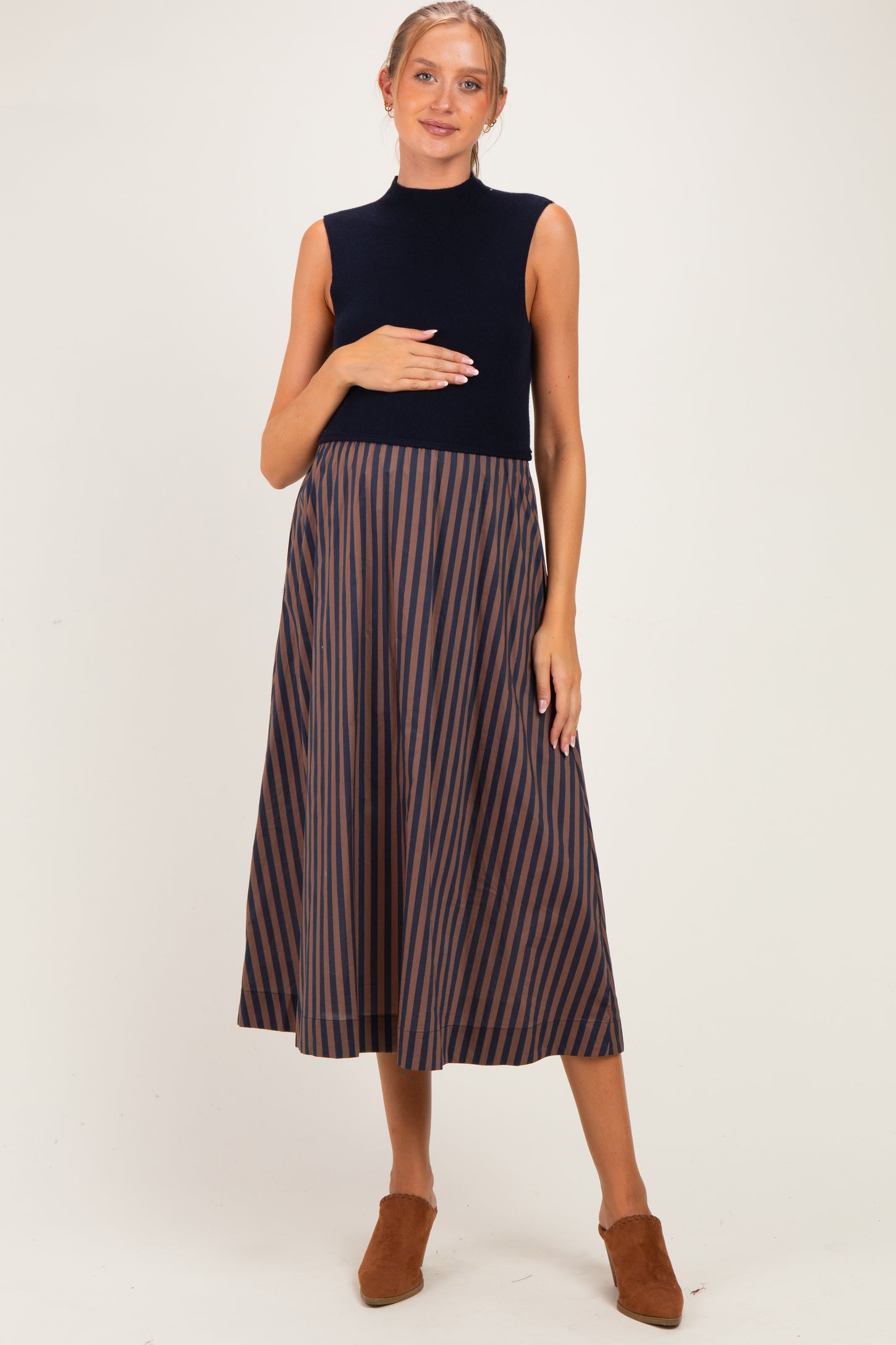 Navy Sleeveless Mock Neck Contrast Striped Skirt Maternity Midi Dress