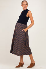 Navy Sleeveless Mock Neck Contrast Striped Skirt Maternity Midi Dress