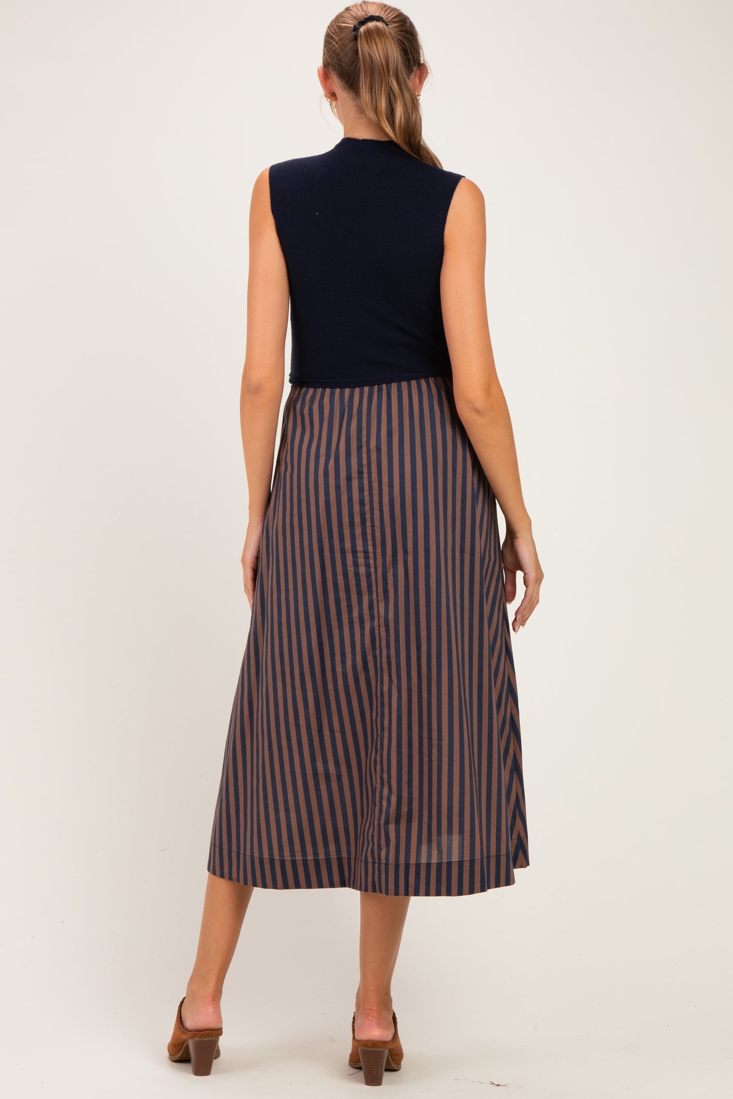 Navy Sleeveless Mock Neck Contrast Striped Skirt Maternity Midi Dress
