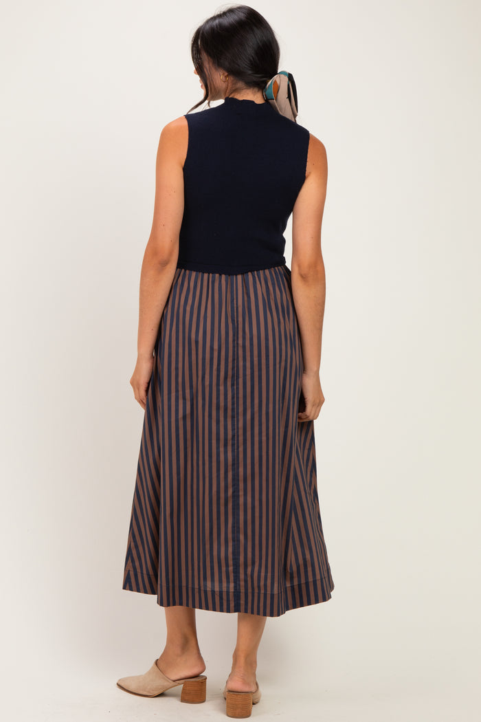 Navy Sleeveless Mock Neck Contrast Striped Skirt Midi Dress