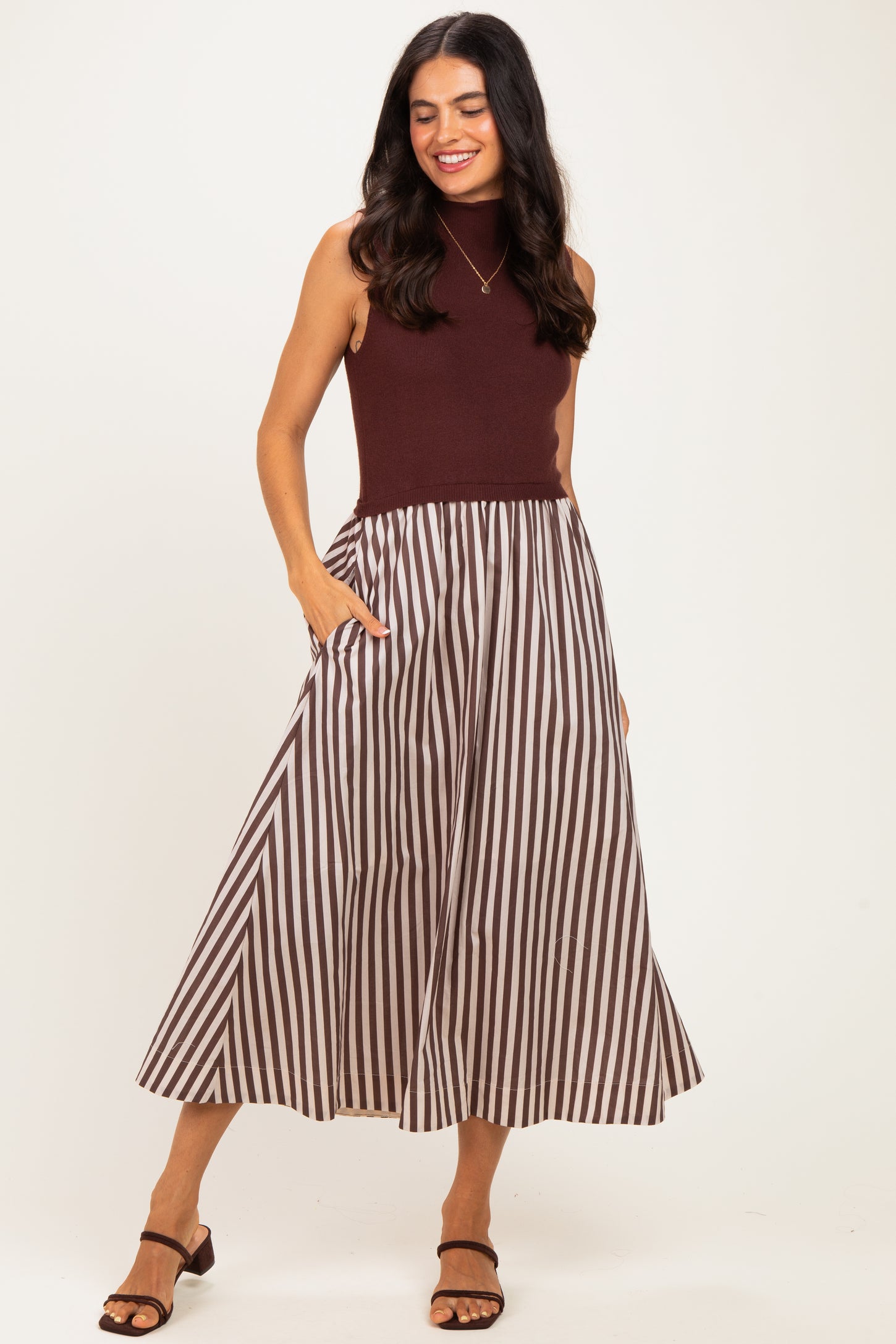 Brown Sleeveless Mock Neck Contrast Striped Skirt Maternity Midi Dress