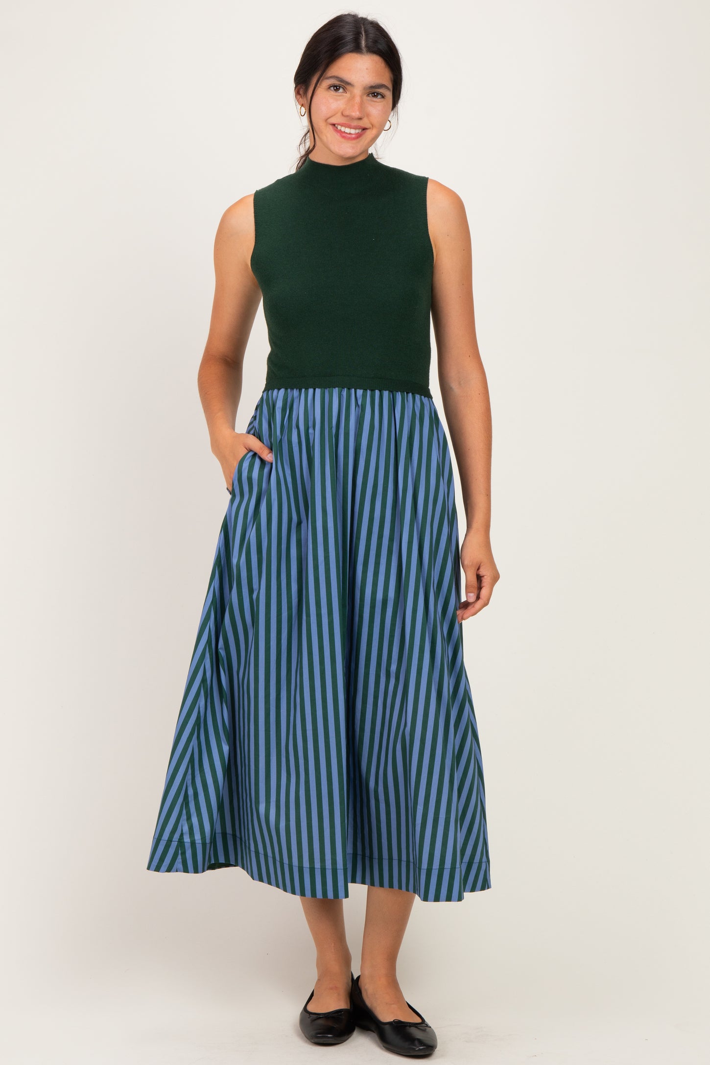 Hunter Green Sleeveless Mock Neck Contrast Striped Skirt Maternity Midi Dress