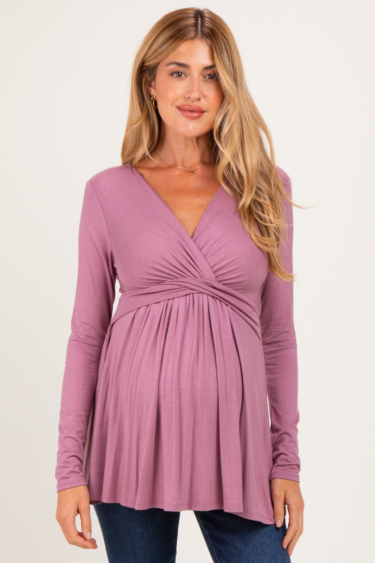 PinkBlush Mauve Long Sleeve Draped Front Maternity Nursing Top