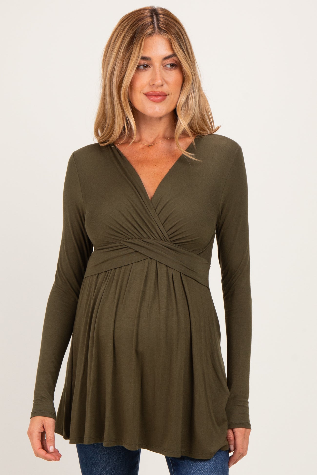 PinkBlush Olive Long Sleeve Draped Front Maternity Nursing Top