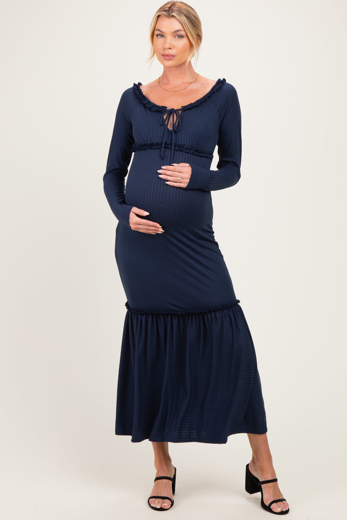 Navy Ribbed Long Sleeve Ruffle Trim Off Shoulder Maternity Maxi Dress