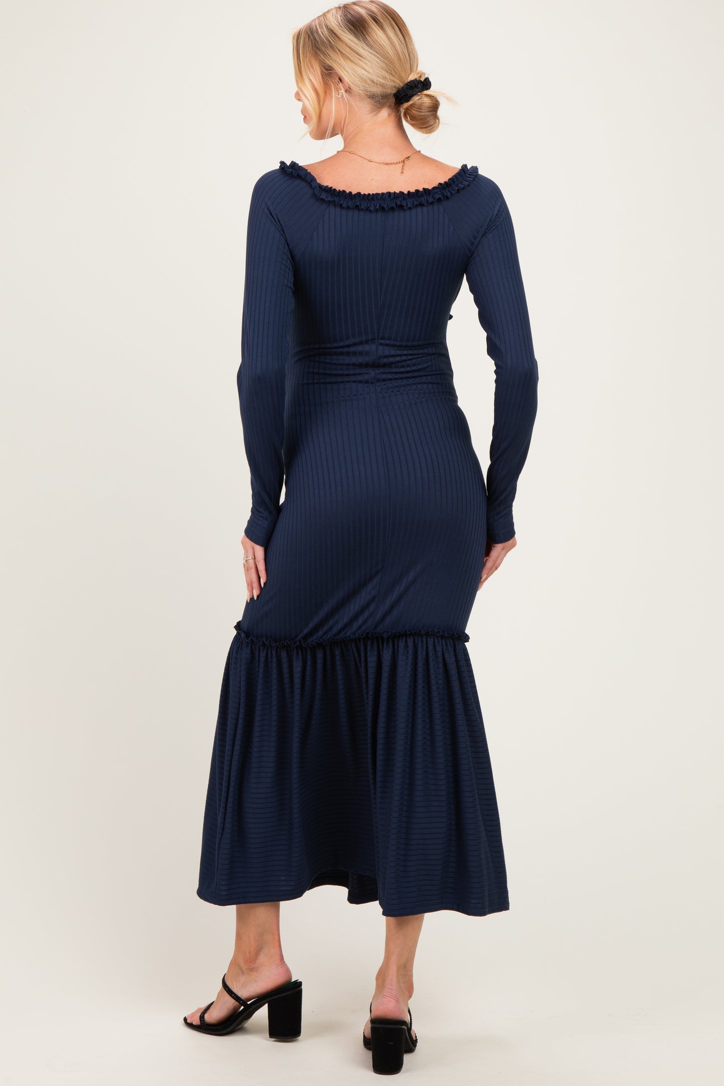 Navy Ribbed Long Sleeve Ruffle Trim Off Shoulder Maternity Maxi Dress