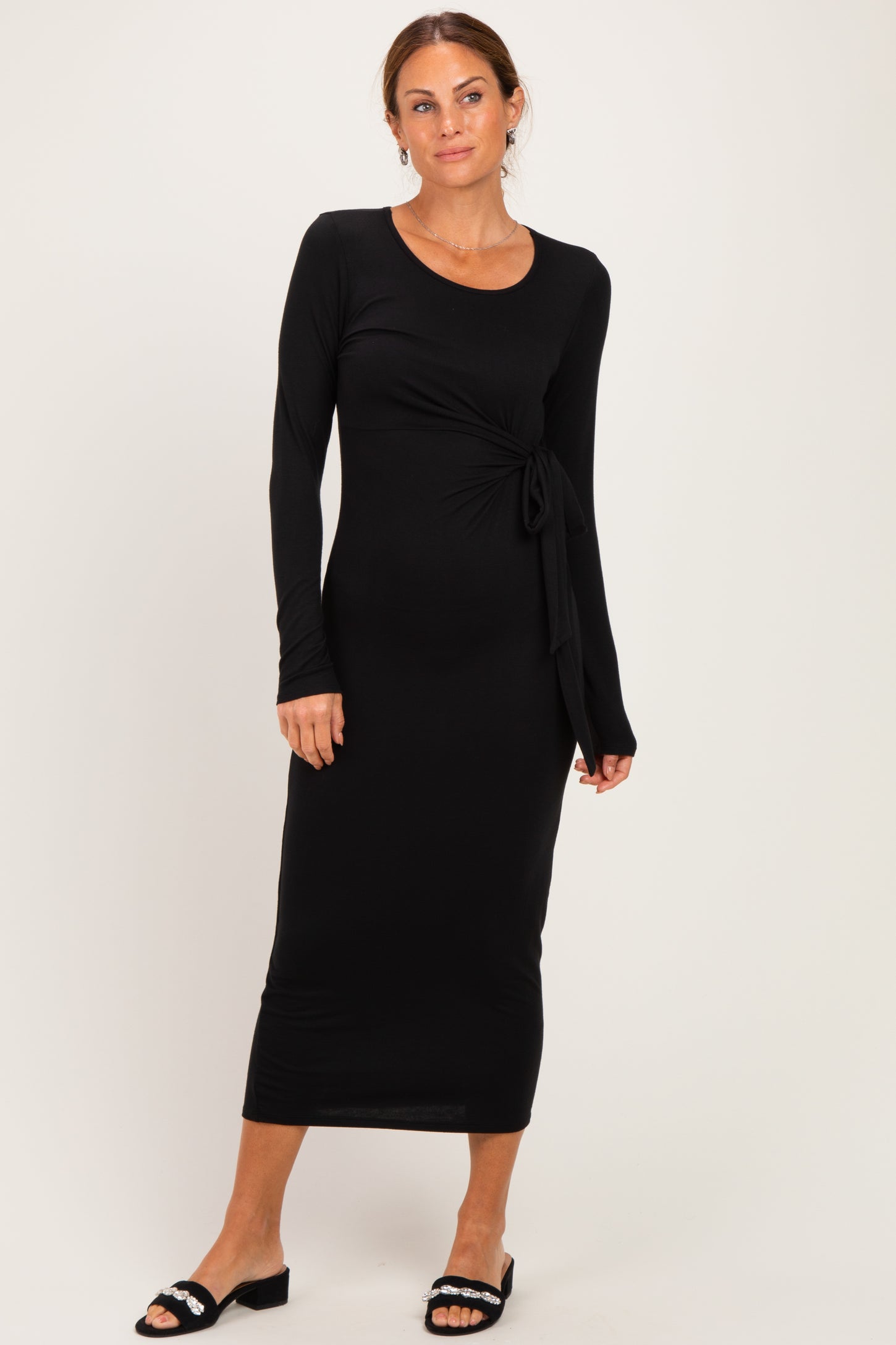 Black Long Sleeve Knotted Waist Maternity Maxi Dress