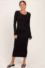 Black Long Sleeve Knotted Waist Maternity Maxi Dress
