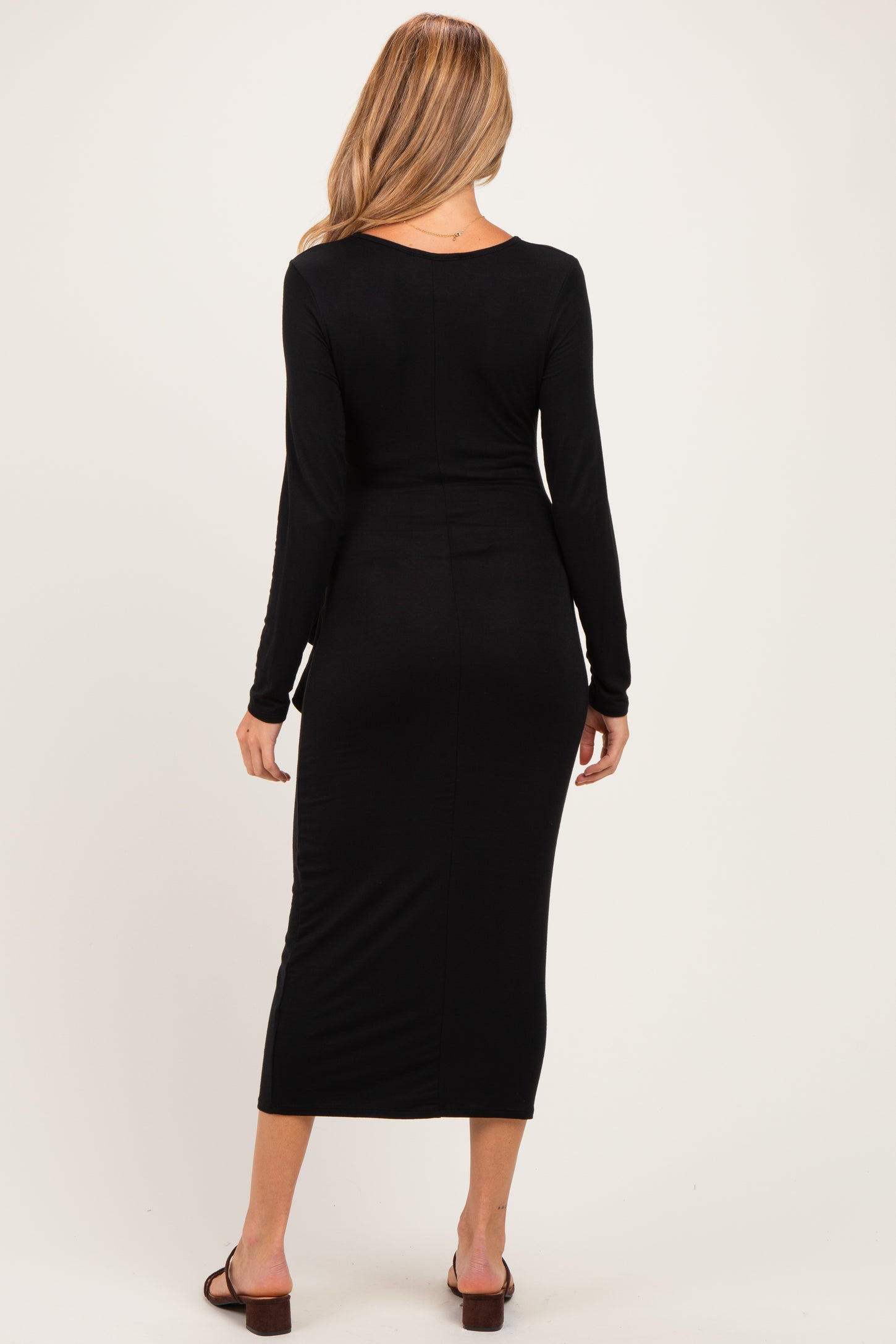 Black Long Sleeve Knotted Waist Maternity Maxi Dress