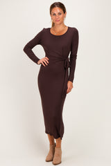 Brown Long Sleeve Knotted Waist Maternity Maxi Dress
