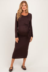 Brown Long Sleeve Knotted Waist Maternity Maxi Dress