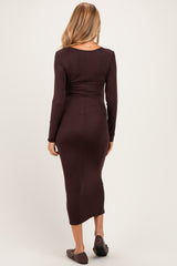 Brown Long Sleeve Knotted Waist Maternity Maxi Dress
