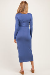 Blue Long Sleeve Knotted Waist Maternity Maxi Dress