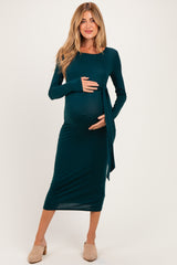 Hunter Green Long Sleeve Knotted Waist Maternity Maxi Dress