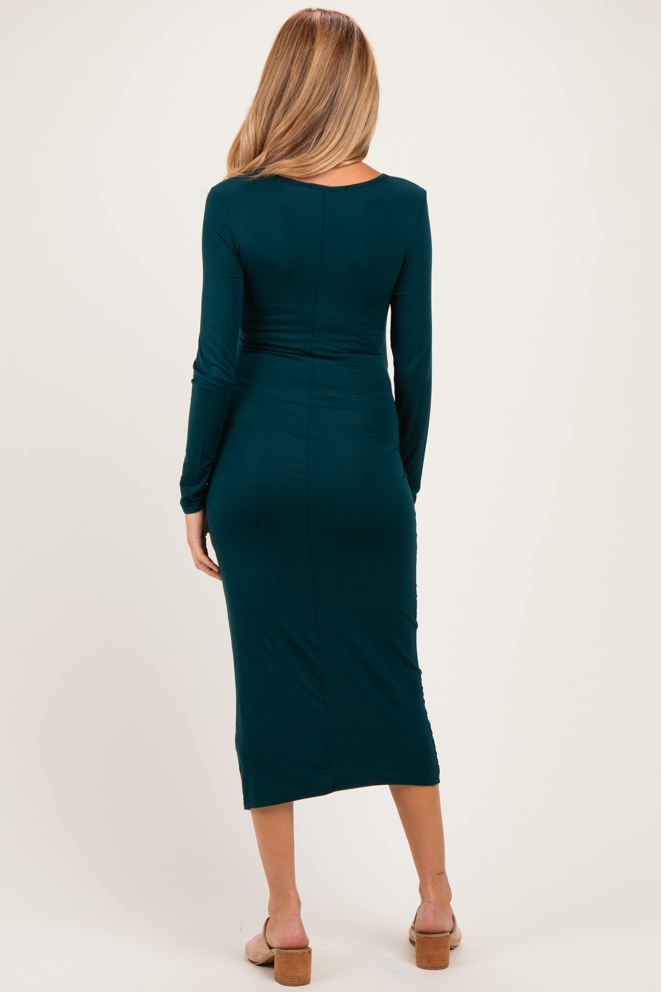 Hunter Green Long Sleeve Knotted Waist Maternity Maxi Dress