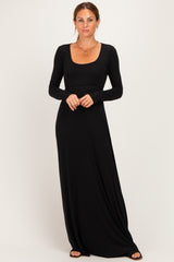 Black Solid Long Sleeve Scoop Neck A-Line Maternity Maxi Dress