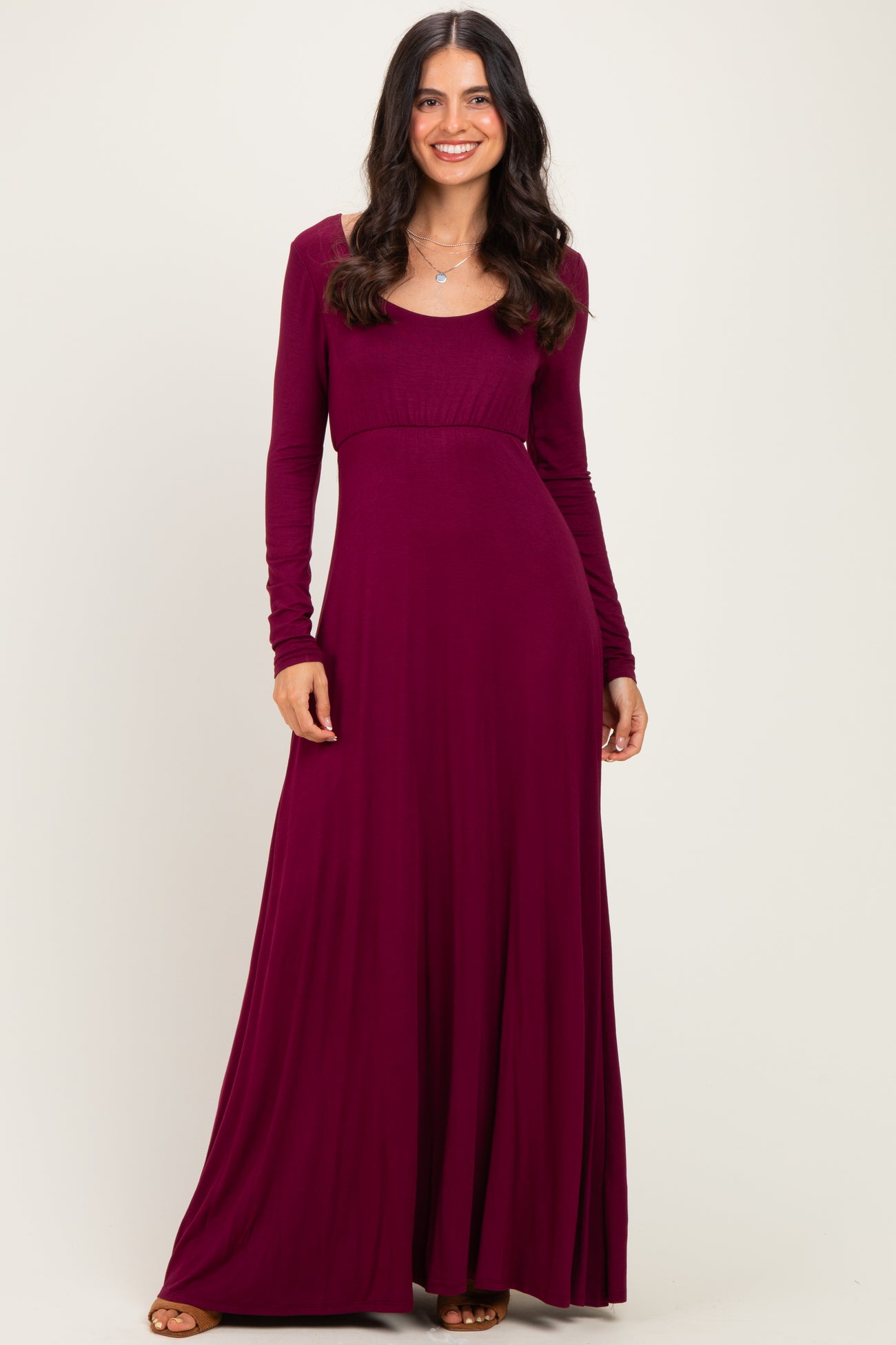Burgundy Solid Long Sleeve Scoop Neck A-Line Maternity Maxi Dress