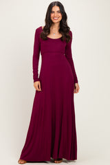 Burgundy Solid Long Sleeve Scoop Neck A-Line Maternity Maxi Dress