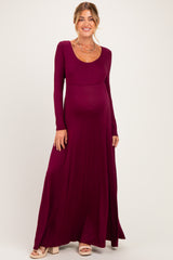Burgundy Solid Long Sleeve Scoop Neck A-Line Maternity Maxi Dress