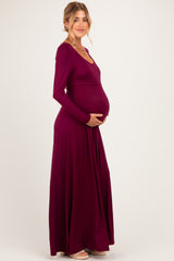 Burgundy Solid Long Sleeve Scoop Neck A-Line Maternity Maxi Dress