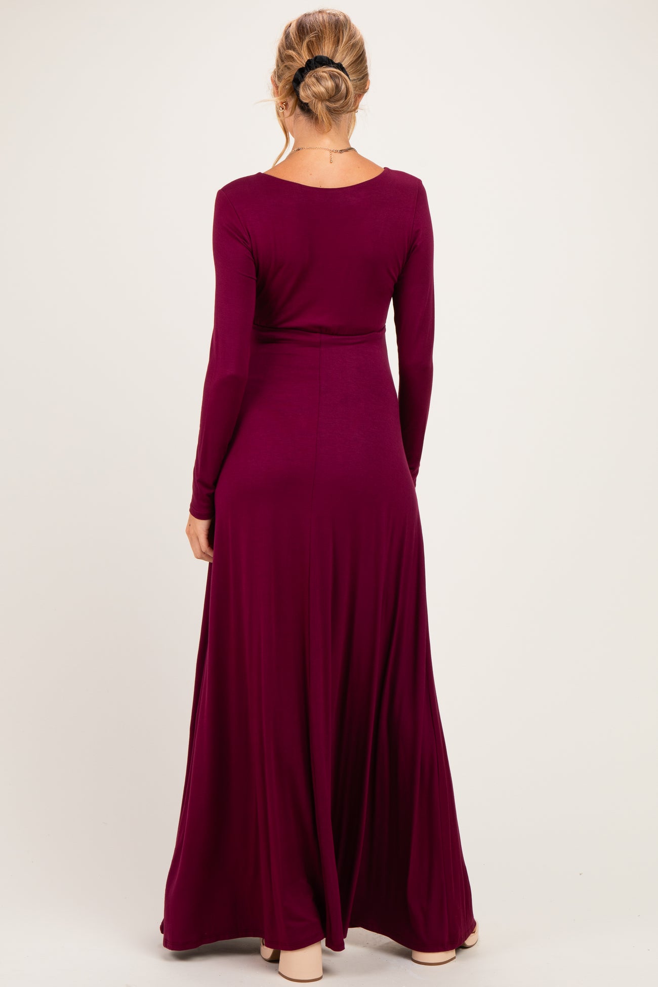 Burgundy Solid Long Sleeve Scoop Neck A-Line Maternity Maxi Dress