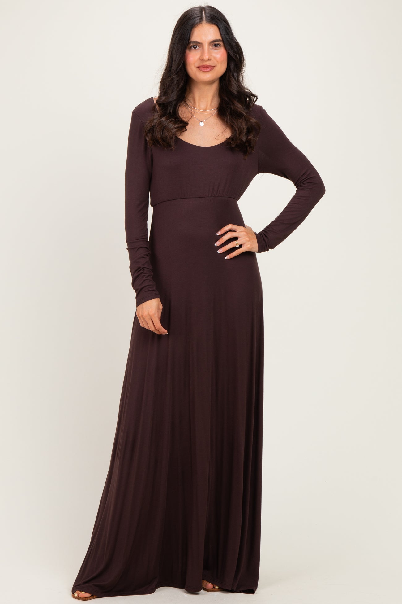 Brown Solid Long Sleeve Scoop Neck A-Line Maternity Maxi Dress
