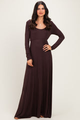 Brown Solid Long Sleeve Scoop Neck A-Line Maternity Maxi Dress