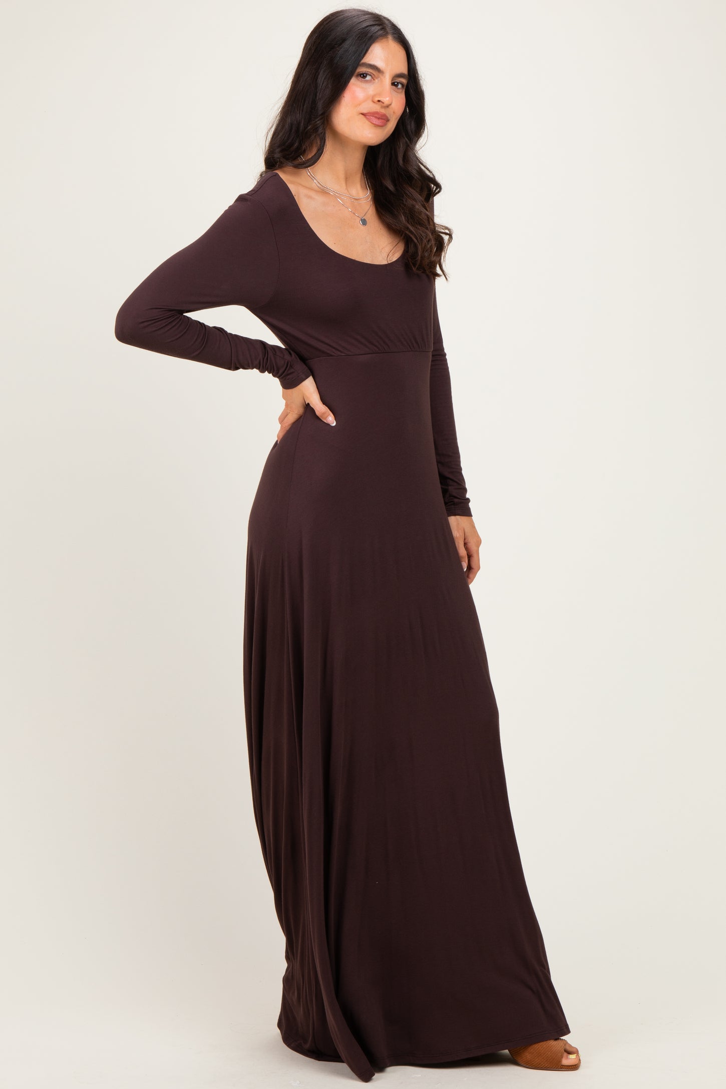 Brown Solid Long Sleeve Scoop Neck A-Line Maxi Dress