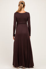 Brown Solid Long Sleeve Scoop Neck A-Line Maternity Maxi Dress
