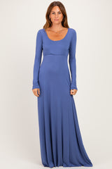 Blue Solid Long Sleeve Scoop Neck A-Line Maternity Maxi Dress