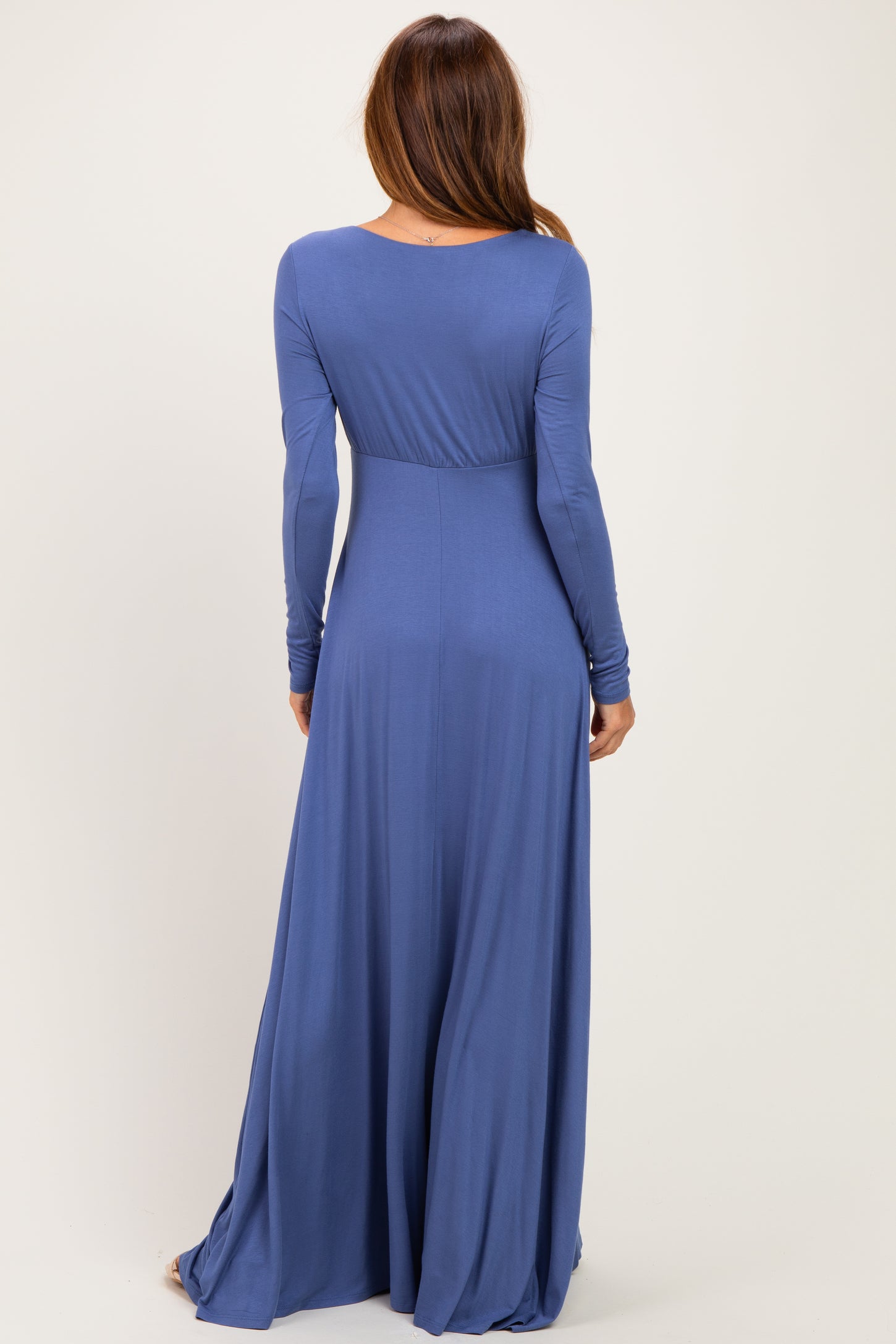 Blue Solid Long Sleeve Scoop Neck A-Line Maxi Dress