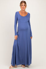 Blue Solid Long Sleeve Scoop Neck A-Line Maternity Maxi Dress