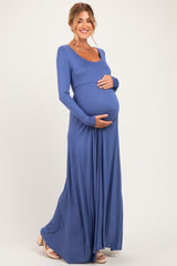 Blue Solid Long Sleeve Scoop Neck A-Line Maternity Maxi Dress