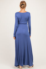 Blue Solid Long Sleeve Scoop Neck A-Line Maternity Maxi Dress