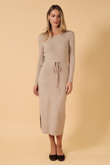 Oatmeal Ribbed Side Slit Midi Dress
