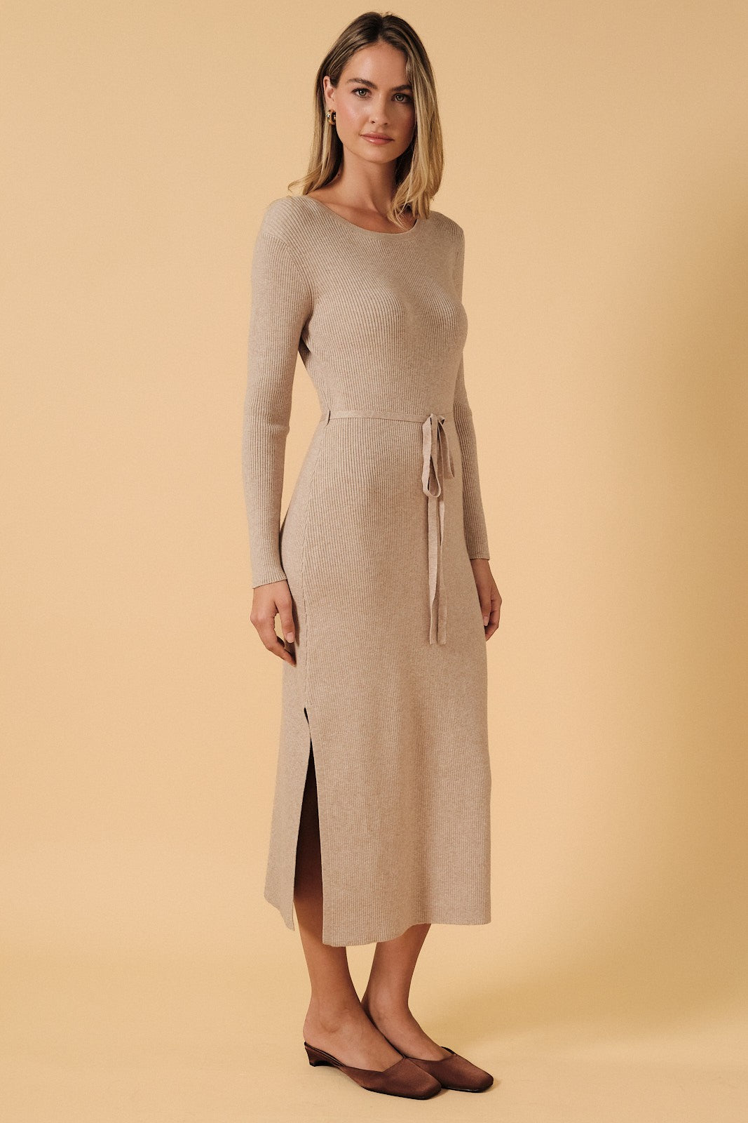 Oatmeal Ribbed Side Slit Midi Dress