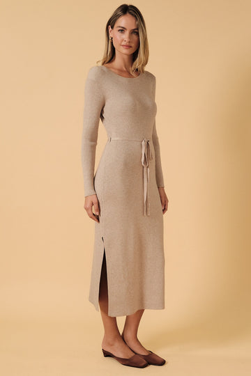Oatmeal Ribbed Side Slit Midi Dress