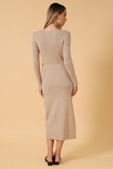 Oatmeal Ribbed Side Slit Midi Dress