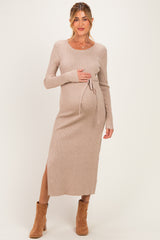 Oatmeal Ribbed Side Slit Maternity Midi Dress