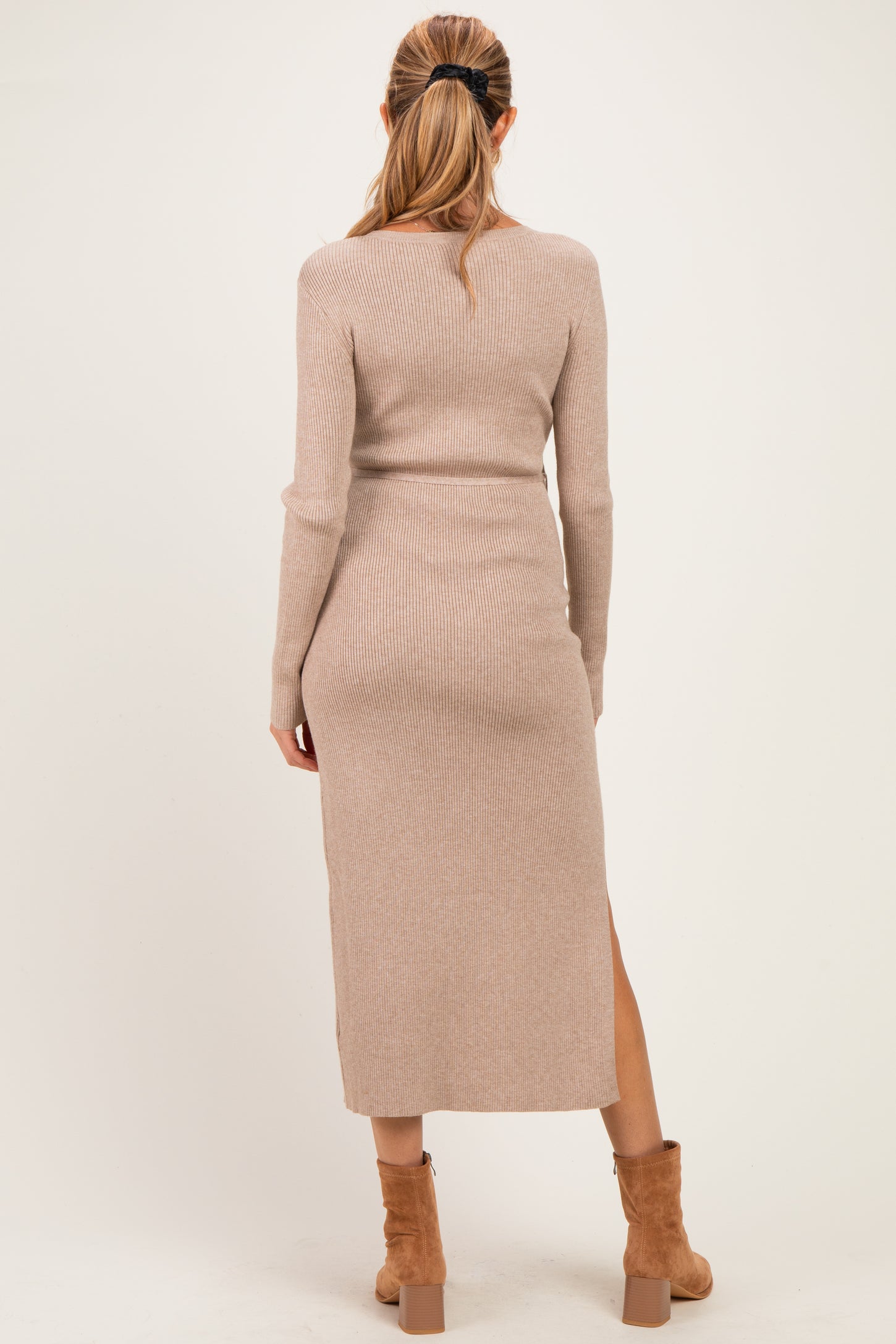 Oatmeal Ribbed Side Slit Maternity Midi Dress