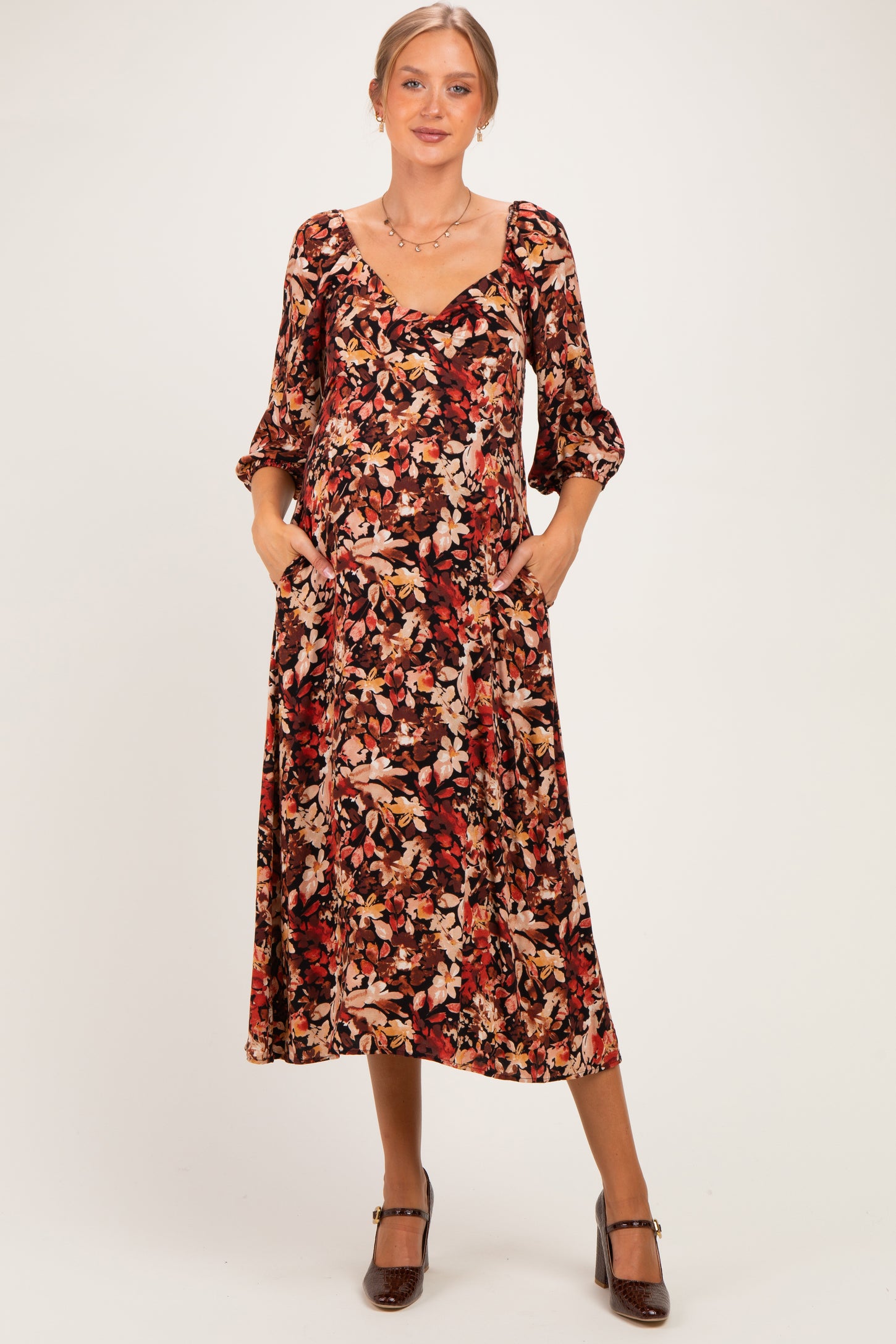 Black Floral 3/4 Sleeve Twist Front Maternity Midi Dress