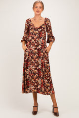 Black Floral 3/4 Sleeve Twist Front Maternity Midi Dress