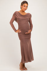 Mocha Mesh Draped Shoulder Long Sleeve Maternity Maxi Dress