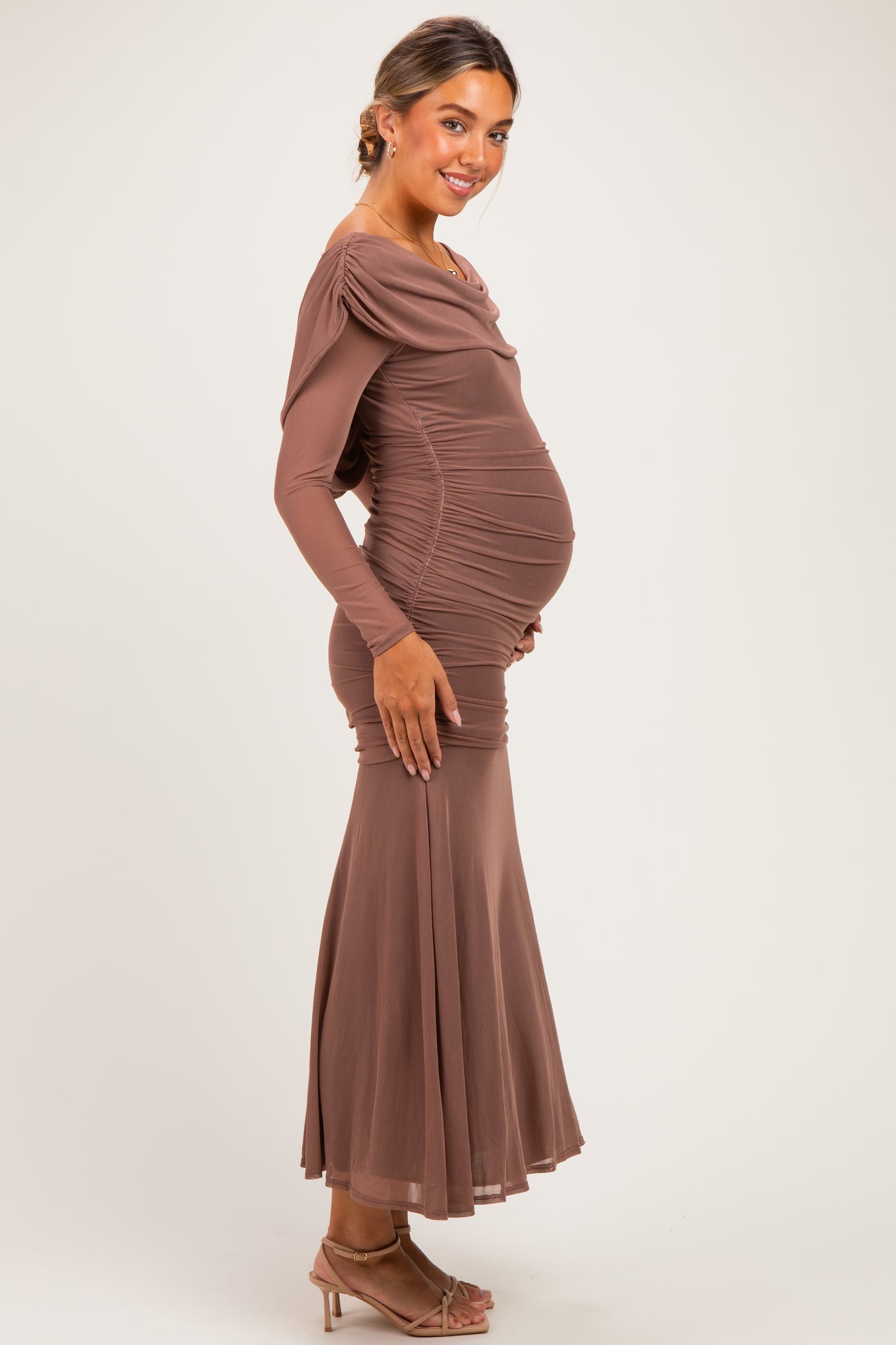 Mocha Mesh Draped Shoulder Long Sleeve Maternity Maxi Dress