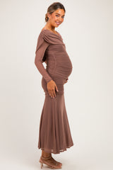 Mocha Mesh Draped Shoulder Long Sleeve Maternity Maxi Dress