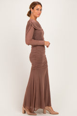 Mocha Mesh Draped Shoulder Long Sleeve Maternity Maxi Dress
