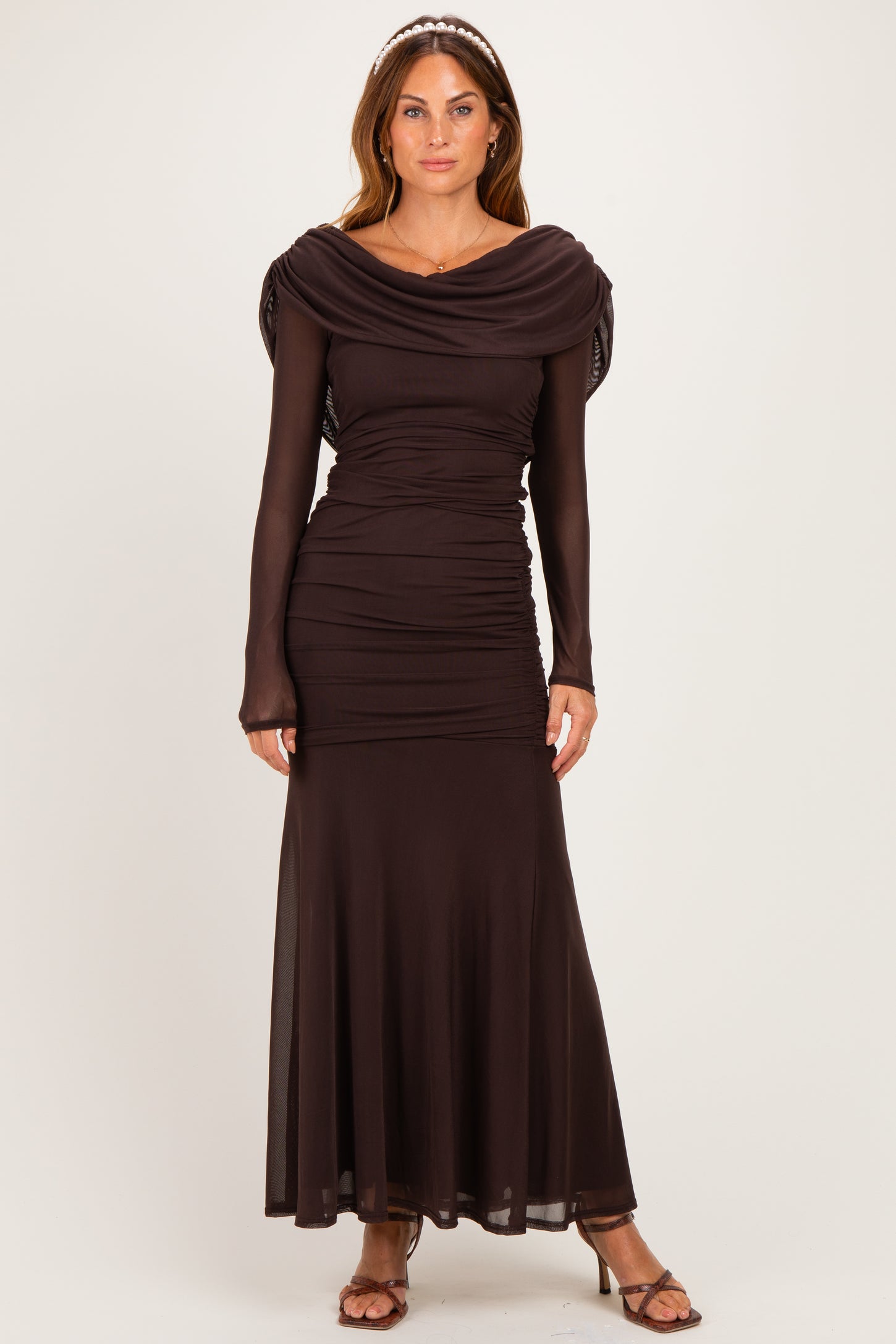 Chocolate Mesh Draped Shoulder Long Sleeve Maternity Maxi Dress