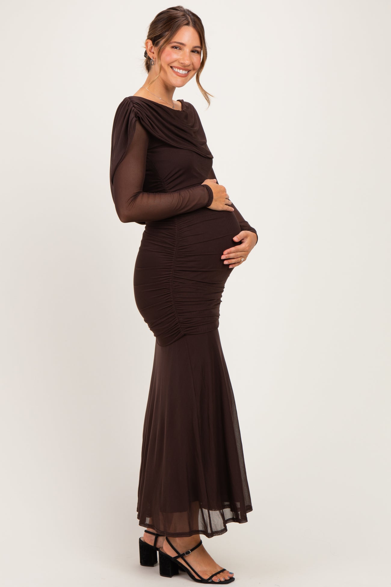 Chocolate Mesh Draped Shoulder Long Sleeve Maternity Maxi Dress