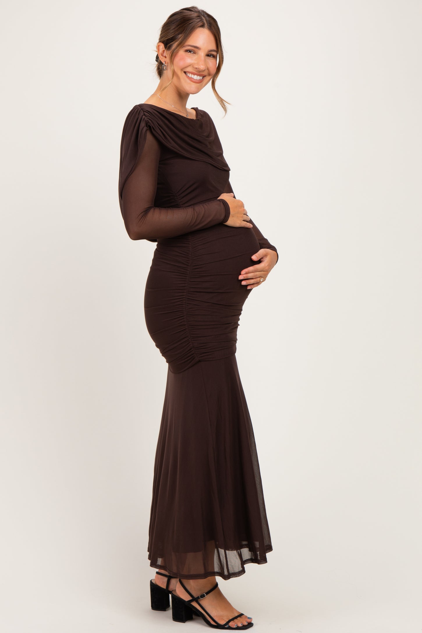 Chocolate Mesh Draped Shoulder Long Sleeve Maternity Maxi Dress